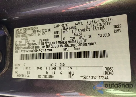 2017 Ford F-150 Raptor z USA, uszkodzony, nr VIN 1FTFW1RG9HFC41790